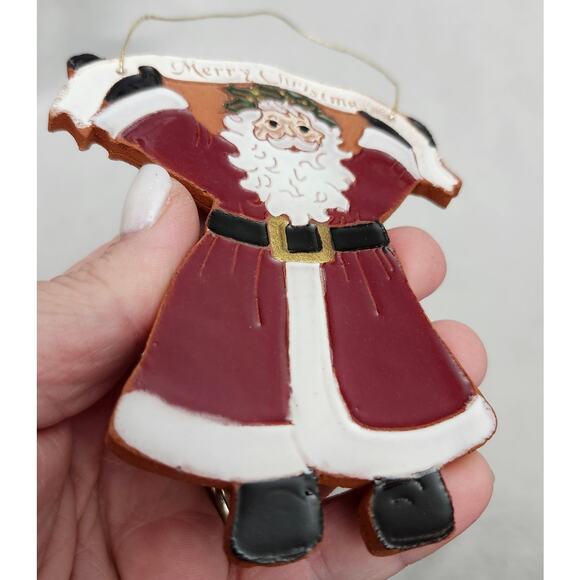 Clay Pottery Christmas Santa Ornament Glazed Red Primitive Banner - Picture 3 of 6